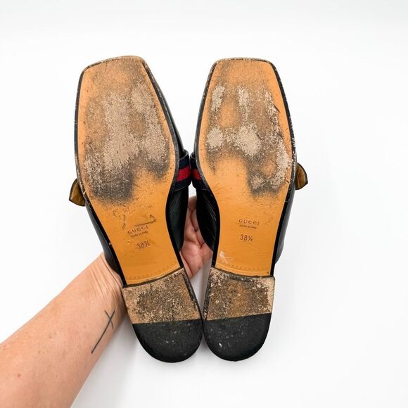 Gucci GG Web Stripe Peyton Mules Flat Slides Black Leather Loafers EU 38.5 US 8. - Picture 8 of 11